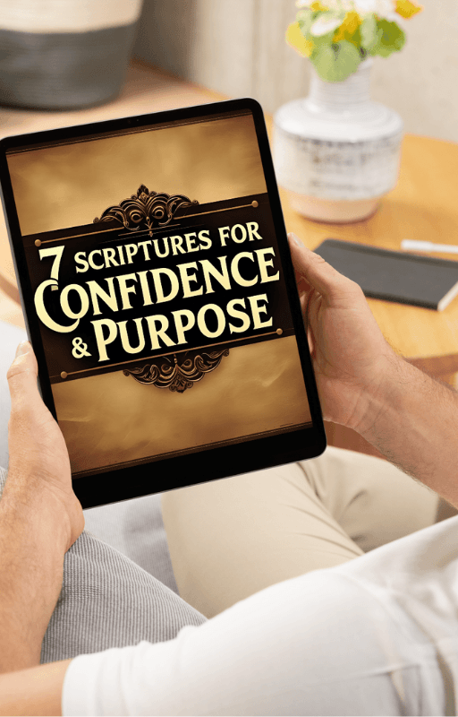Person holding tablet displaying '7 Scriptures for Confidence & Purpose' eBook cover, ideal for boosting daily faith and clarity through devotionals.