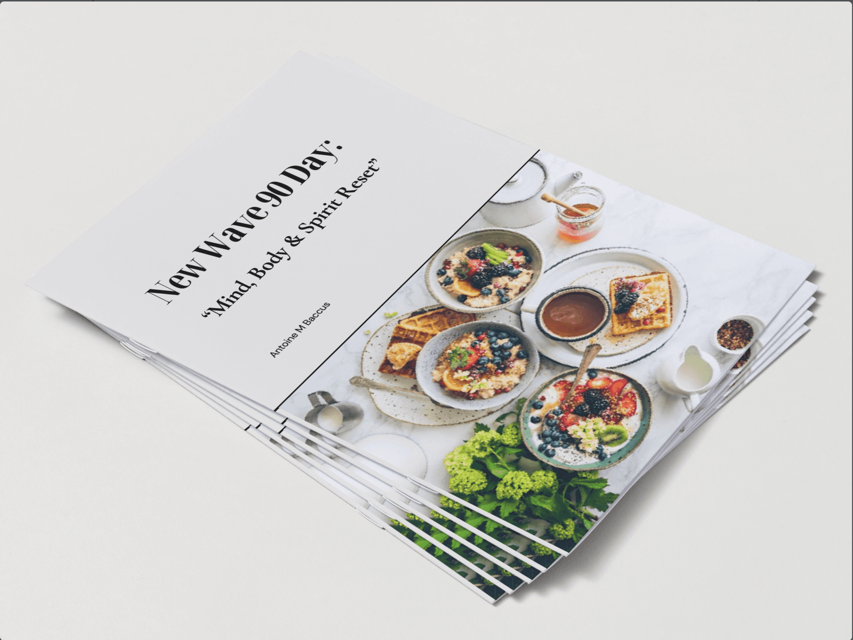 Stack of New Wave 90 Day: Mind, Body & Spirit Reset Transformation digital wellness program booklets featuring healthy meals on the cover. Ideal for Christian health, fitness, and spiritual growth.