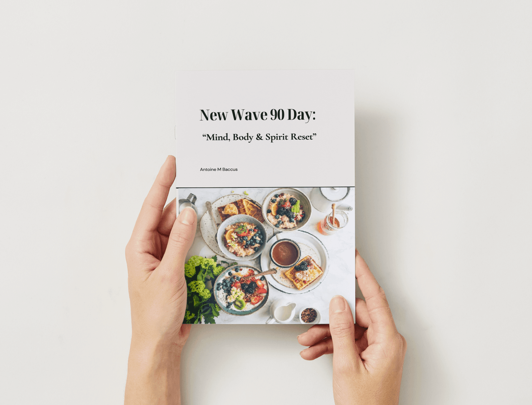 Cover of the New Wave 90 Day: “Mind, Body & Spirit Reset” Transformation digital wellness program held in hands, featuring healthy meals and clean design.