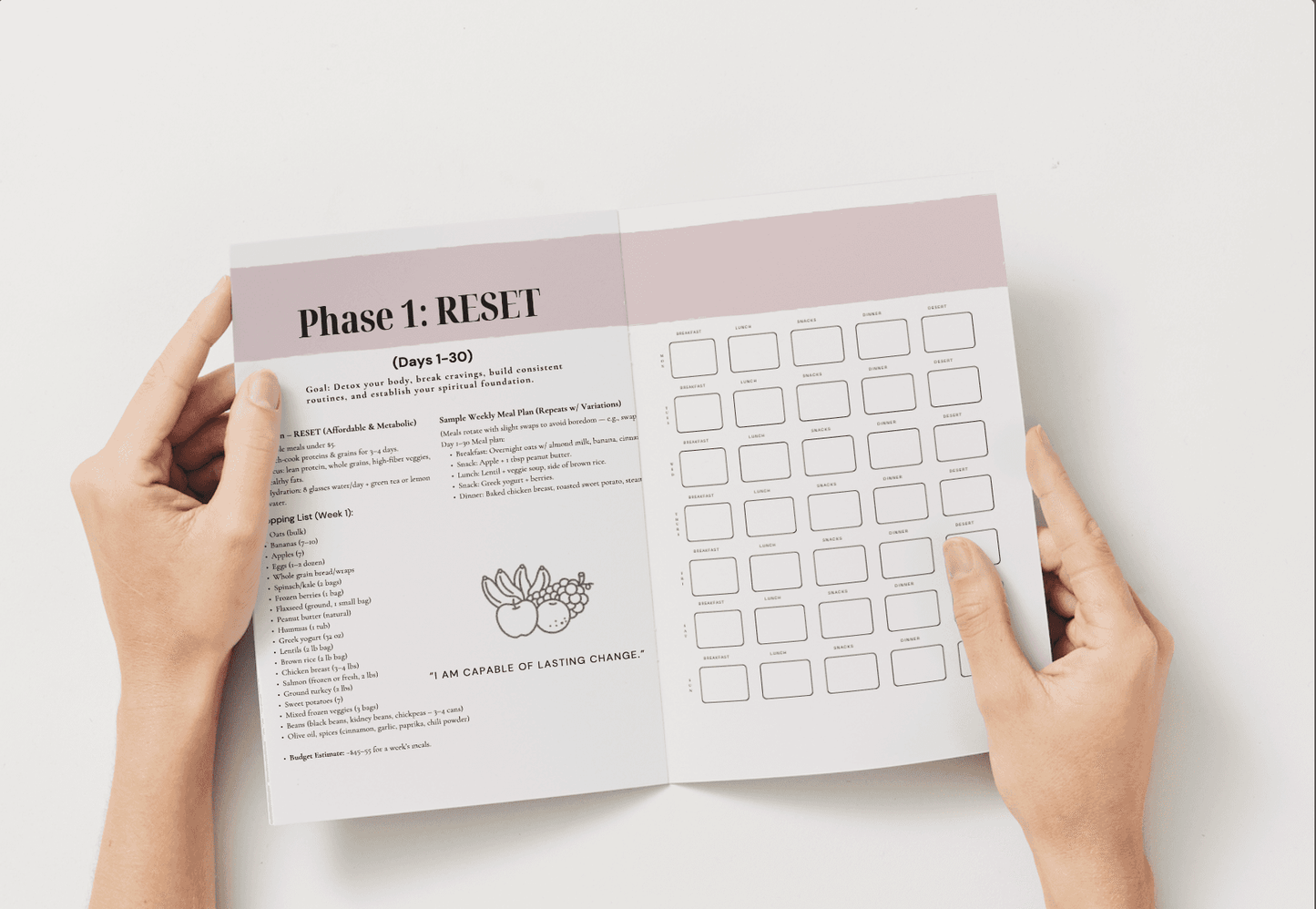Open booklet from New Wave 90 Day: Mind, Body & Spirit Reset Transformation digital wellness program showing Phase 1 RESET plan and daily tracker chart.
