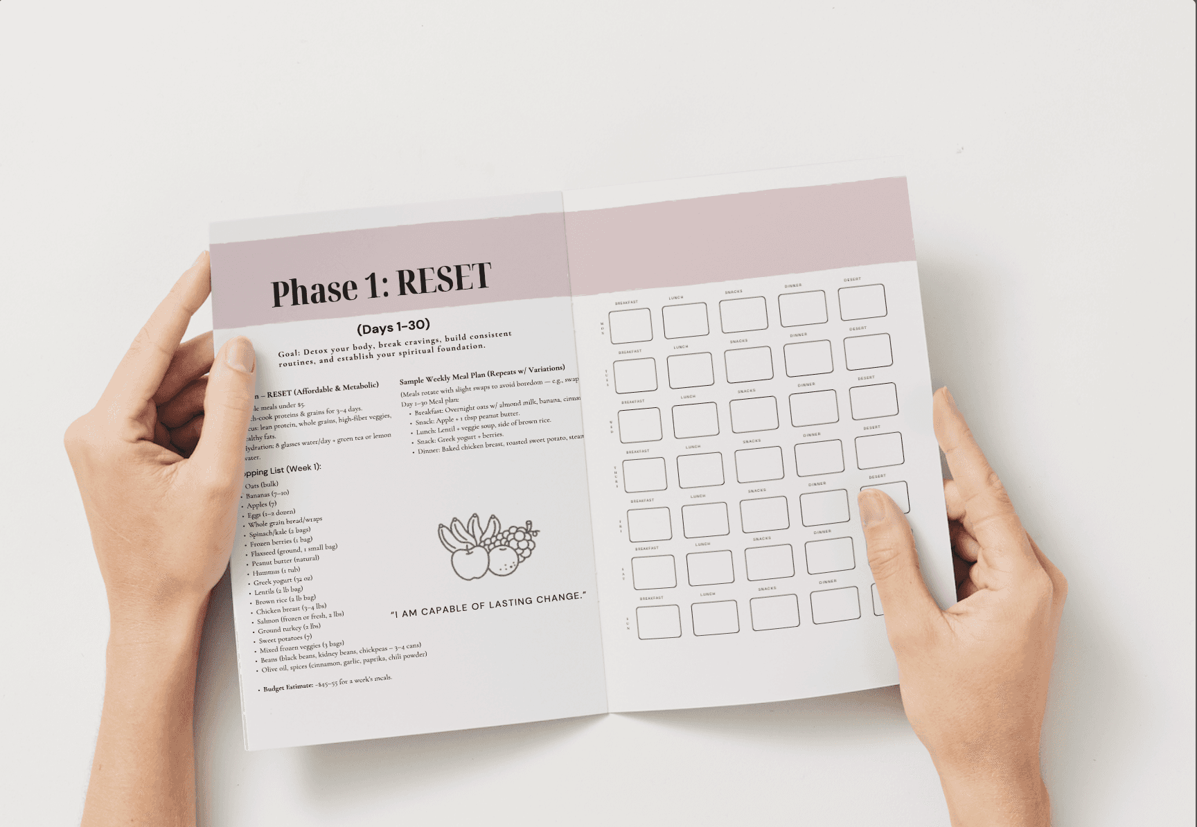 Open booklet from New Wave 90 Day: Mind, Body & Spirit Reset Transformation digital wellness program showing Phase 1 RESET plan and daily tracker chart.