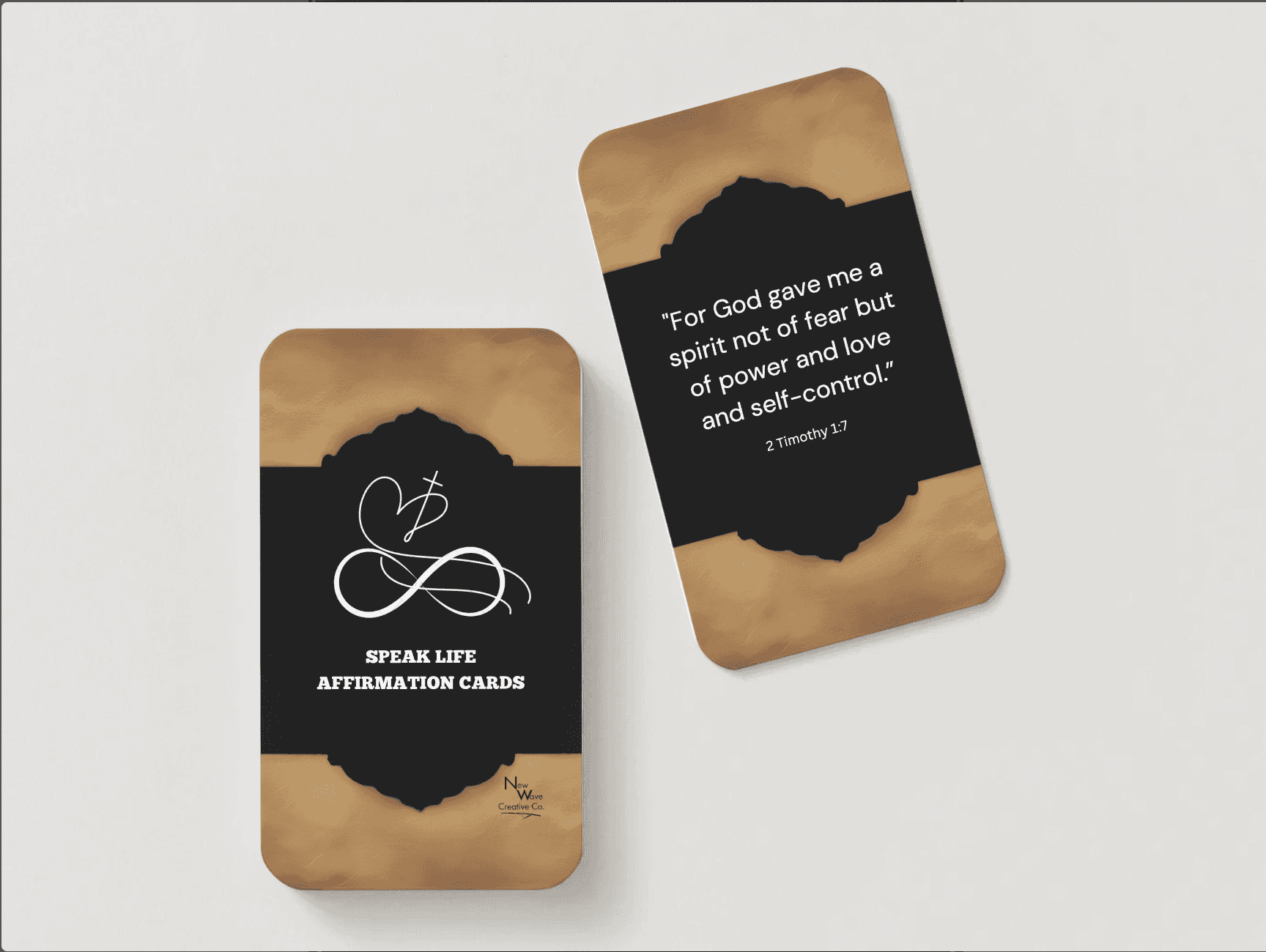 NEW WAVE SPEAK LIFE AFFIRMATION CARDS BUILD YOUR FAITH featuring 2 Timothy 1:7 scripture on elegant black and gold prayer cards for daily inspiration.