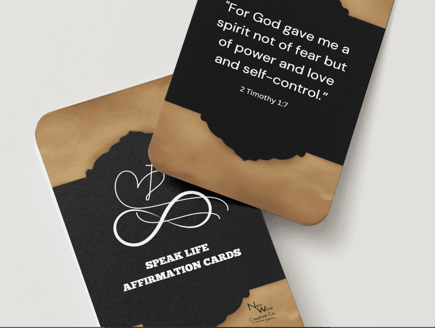 NEW WAVE SPEAK LIFE AFFIRMATION CARDS BUILD YOUR FAITH featuring 2 Timothy 1:7 scripture on black and gold prayer cards for daily Christian inspiration.