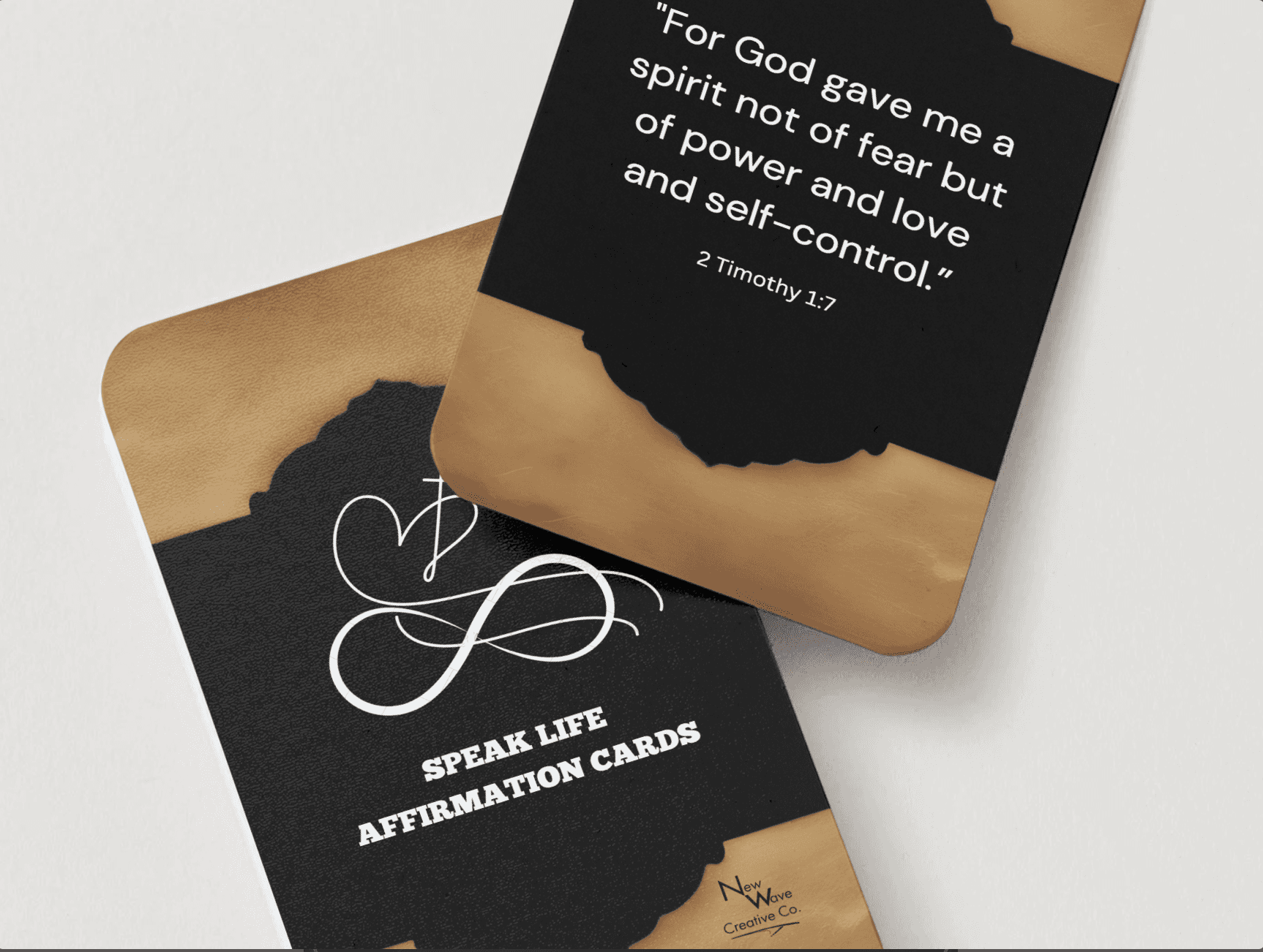 NEW WAVE SPEAK LIFE AFFIRMATION CARDS BUILD YOUR FAITH featuring 2 Timothy 1:7 scripture on black and gold prayer cards for daily Christian inspiration.