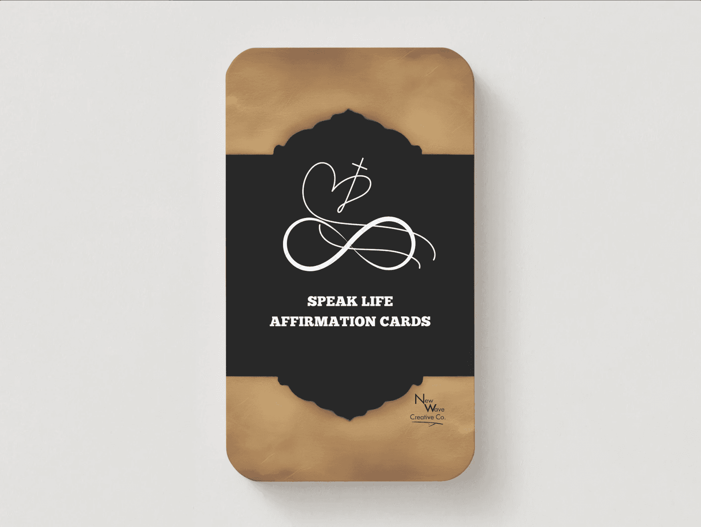 NEW WAVE SPEAK LIFE AFFIRMATION CARDS BUILD YOUR FAITH deck featuring elegant gold and black design with Christian symbols, ideal for daily scripture-based affirmations.