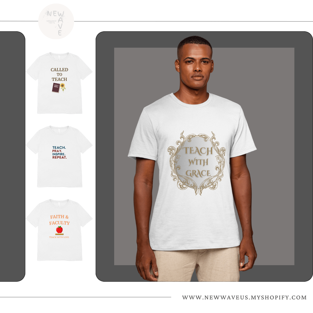 Faith-filled teacher tees with inspiring messages likeTeach With Grace"
Let me know if you'd like help writing product descriptions or ad copy!