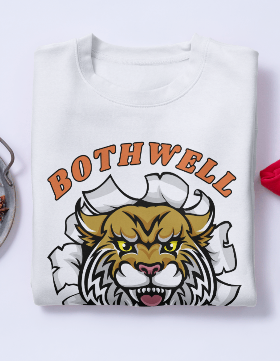 White sweatshirt with a tiger graphic and 'Bothwell' text on a white background