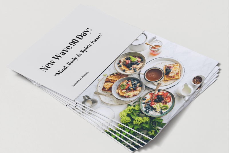 Stack of New Wave 90 Day: Mind, Body & Spirit Reset Transformation digital wellness program booklets featuring healthy meals on the cover. Ideal for Christian health, fitness, and spiritual growth.