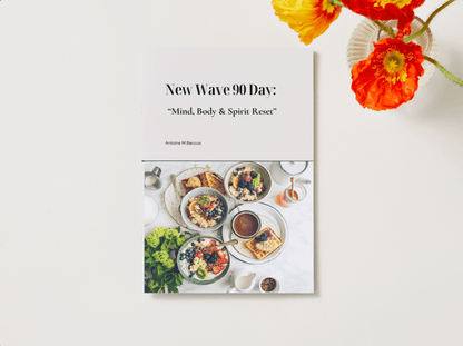 New Wave 90 Day: Mind, Body & Spirit Reset Transformation digital wellness program book cover featuring healthy meals on a white table. Ideal for faith-based fitness and nutrition.