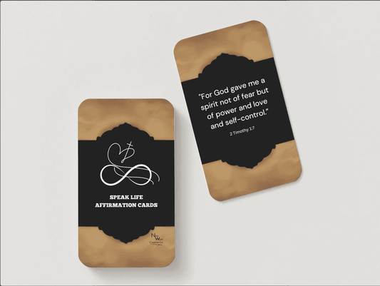 NEW WAVE SPEAK LIFE AFFIRMATION CARDS BUILD YOUR FAITH featuring 2 Timothy 1:7 scripture on elegant black and gold prayer cards for daily inspiration.
