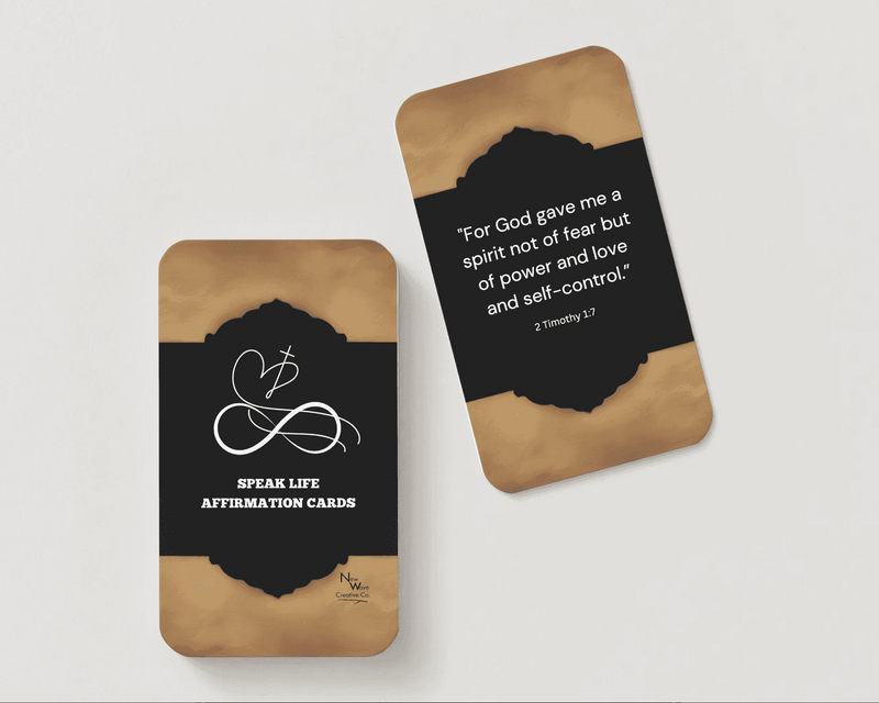 NEW WAVE SPEAK LIFE AFFIRMATION CARDS BUILD YOUR FAITH featuring 2 Timothy 1:7 scripture on elegant black and gold prayer cards for daily inspiration.