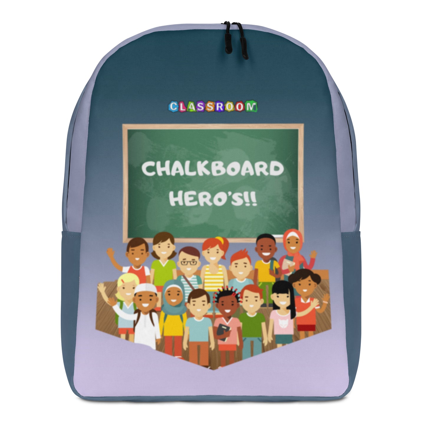 Classroom backpack with colorful kids illustration and chalkboard design