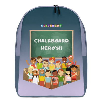 Classroom backpack with colorful kids illustration and chalkboard design