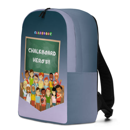 Classroom backpack with colorful kids illustration and chalkboard design